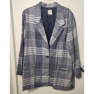 Vintage Bentley Linen Cotton Blend Blue White Plaid Blazer Large Menswear Boxy‎